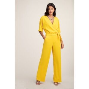 Trina Turk Kai Crepe Wide Leg Faux Wrap Tie Waist V-Neck Jumpsuit Yellow Sz 4